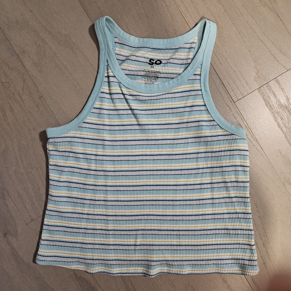SO Striped Ribbed Tank in Aqua, White & Yellow